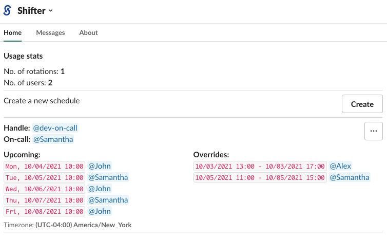 Shifter on-call rotation preview showing user group assignments in Slack
