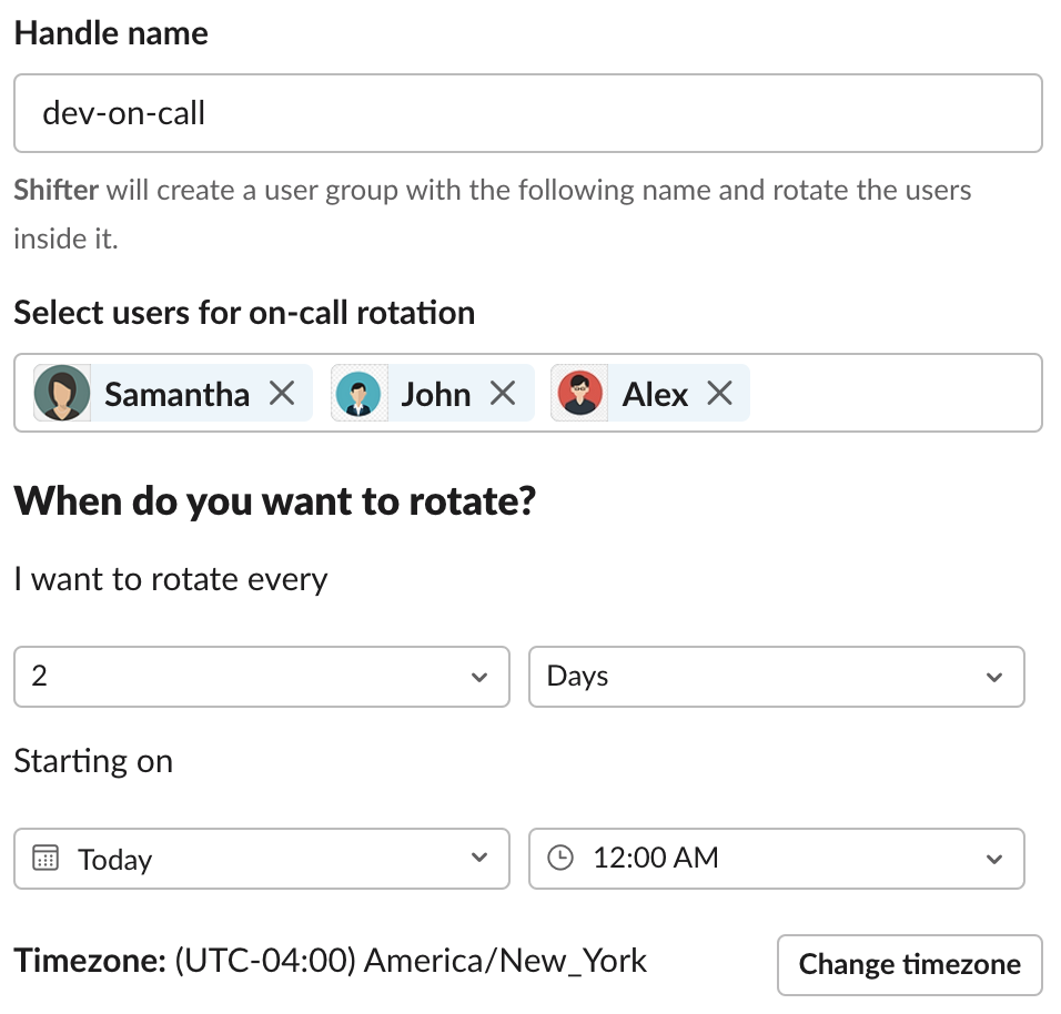 Step 1: Create an on-call rotation with handle name, users, and schedule